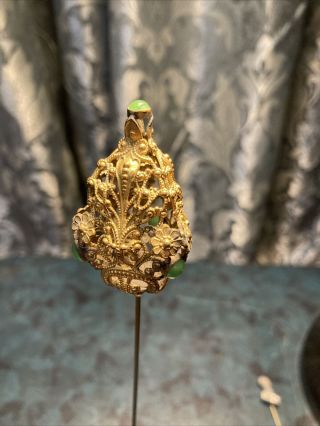 Rare Large Filigree Gold Color Green Stones Antique Victorian Hatpin 9” Long