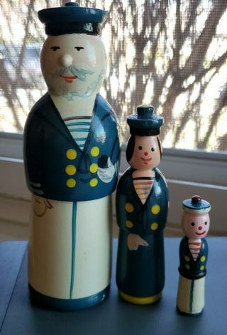 Rare Vintage Set Of 3 Nesting Dolls.  Sailor Family.  Made In Poland.  Hand Painted