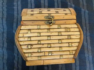 Rare Bamboo And Brass Wooden Treasure Chest 10”l 10”w 7”d