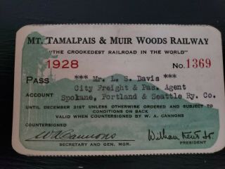 Vintage Rare 1928 Mt.  Tamalpais & Muir Woods Railway Annual Pass