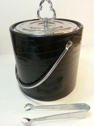 Vintage Irvinware 1960s Black Crocodile Vinyl Cocktail Ice Bucket Rare W/tongs