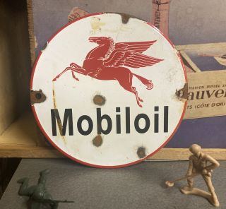 Rare 6” Mobiloil Mobil Oil Pegasus Porcelain Metal Gas Pump Plate Sign
