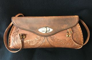 Rare Vintage Handmade Brown Leather Tooled Floral Rectangular Box Purse Handbag