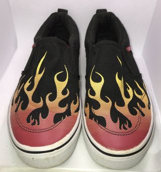 Vans Off The Wall Slip On Shoes Black With Flames - Youth Size 3 Rare Fire Boys