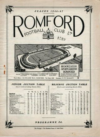 Rare Friendly Football Programme Romford V.  U.  C (the Hague Holland) 1947