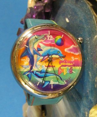 Rare Vintage Lisa Frank Dancing Dolphins Wrist Watch Large Dome Dial Leather B.