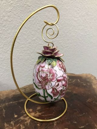 Rare Vintage Rose Enameled Cloisonne Egg W/ Stand