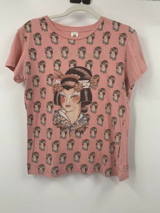 Ed Hardy By Christian Audigier Vintage Women Geisha All Over Print Tshirt Rare L