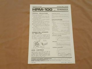 Pioneer Hpm - 100 Speaker System Operating Guide - Rare -