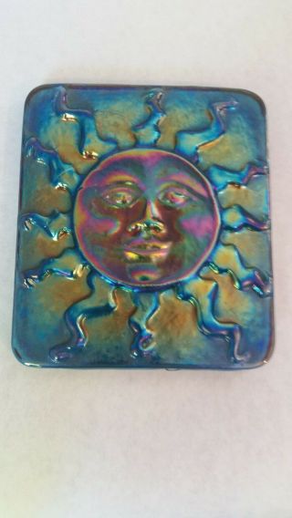 John Cook Signed 2002 Studio Art Glass Blue Iridescent Tile Carnival Sun Rare