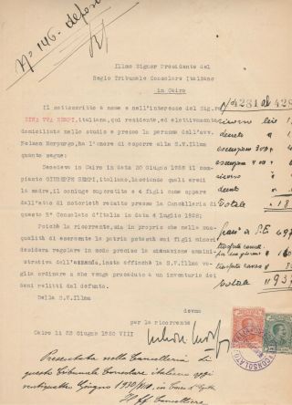 ITALY - EGYPT Rare Consular Revenues High Values 80 & 100 L.  Tied Doc.  Cairo 1930 2