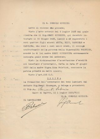 ITALY - EGYPT Rare Consular Revenues High Values 80 & 100 L.  Tied Doc.  Cairo 1930 3