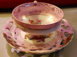 Royal Sealy Tea Cup And Reticulated Saucer In A Rare Floral Cup Pattern