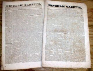 2 Rare 1827 Newspapers Volume I Issues Of Hingham Gazette Massachusetts