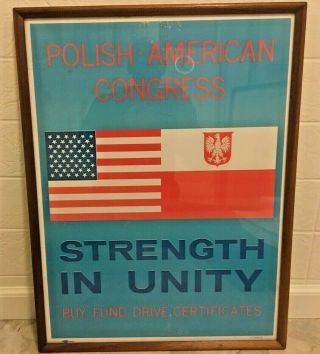 Rare Vintage Polish American Congress Strength In Unity Metal Sign Poster Framed