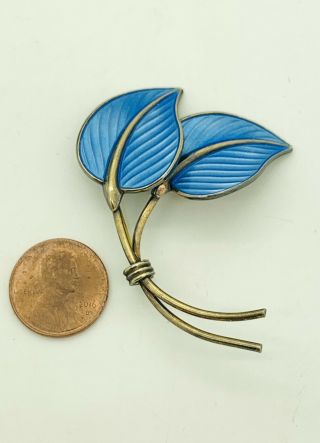 Rare Signed Ivar T.  Holth Norway Sterling Enamel Blue Leaf Brooch Pin Modernist
