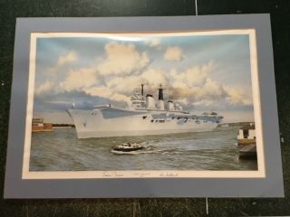 Rare English Wwii Naval Ship Lithograph,  H.  M.  S.  Ark Royal Signed By Adm.  Oswald