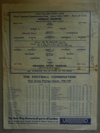 Arsenal Reserves V Swansea Reserves 14 June 1947 at Tottenham very Rare 2
