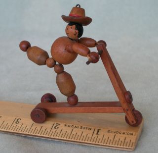 Antique Rare Wooden Bead Miniature Figurine Ornament Boy On Scooter,  Germany