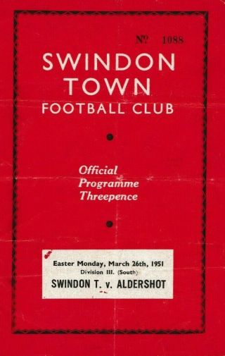Rare Football Programme Swindon Town V Aldershot 1950 - 1951