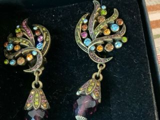 Rare Heidi Daus Multicolor Crystal Clip Earrings W/ Purple Drop