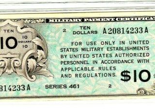 $10 Rare " Military Payment Certificate " (series 461) " Military " Crispy
