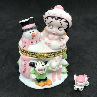 Betty Boop Hinged Trinket Box Snowman Pink Scarf Porcelain Willabee & Ward Rare