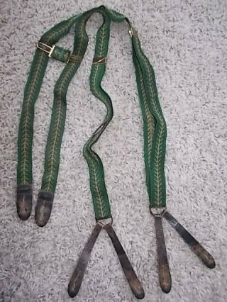 Rare Vintage 1940s Young Mens Suspenders Green & Tan Leather Ends " H " Type Back
