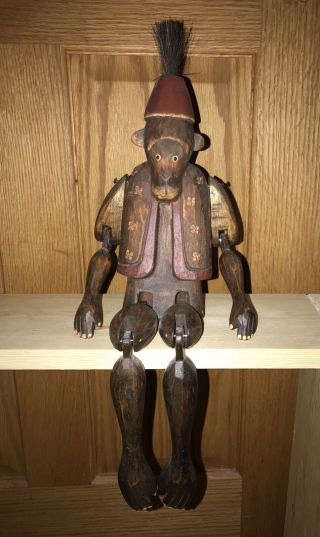 Rare Vintage Wooden Hand Carved Bellboy Organ Grinder Monkey W/ Fez Shelf Sitter