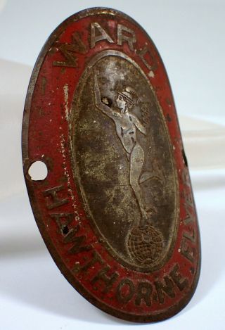 Rare Antique Vtg Ward Hawthorne Flyer Bicycle Head Badge Emblem Red Enamel