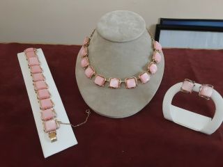 Rare Vintage Coro Pink Jelly Belly Set Necklace Earrings Bracelet B3
