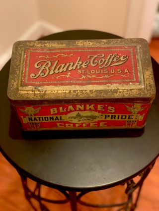 Ultra Rare Pre - 1920’s Blanke’s Coffee Tin St Louis.  Hinge Lid Rich Graphics