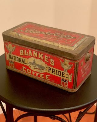 Ultra Rare Pre - 1920’s Blanke’s Coffee Tin St Louis.  Hinge Lid Rich Graphics 3