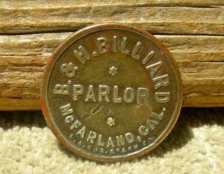 Ca 1910 Mcfarland,  California (kern Co) Rare " B & H Billiard Parlor " Brass Token