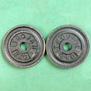 One Pair 2 Kg Vintage Trojan Plates Standard 1 " Weights,  Two Plates - Rare