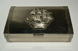 Vintage 1970s Silver Tone Metal Pirate Ship Nautical Boat Jewelry Box Japan Rare