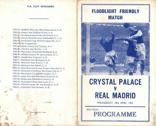 Crystal Palace V Real Madrid Friendly 18.  4.  1962 Rare Pirate Programme