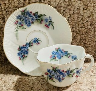 Rare Vintage Norcrest Forget Me Not Blue Floral Gold Accents Tea Cup Saucer Set