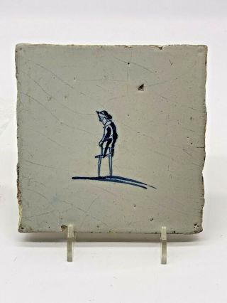 17th Century Very Rare Delft Hand Painted Delftware Tile Boy Walking On Stilts