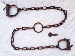 Vintage Old Antique Strong Heavy Iron Long Chain Rare Adjustable Lock Handcuffs