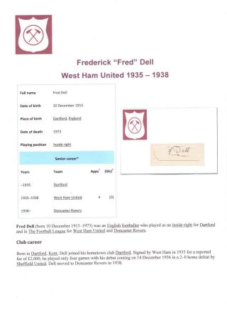 Football Autograph Fred Dell West Ham United 1935 - 1938 Rare Signature
