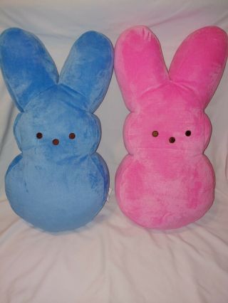Rare 15 " Easter Peep Blue And Pink Bunnies Microbead Pillows Plush Euc