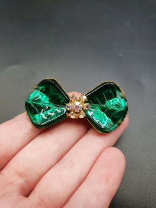 Vintage Antique 1930s Rare Green Glass Bow Brooch