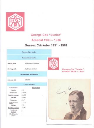 George Cox Arsenal 1933 - 1936 & Sussex Cricket Rare Autograph Book Page