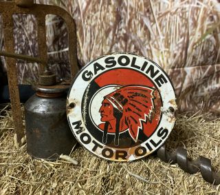 6” Rare Indian Chief Mohawk Porcelain Gas Motor Oil Metal Pump Plate Sign