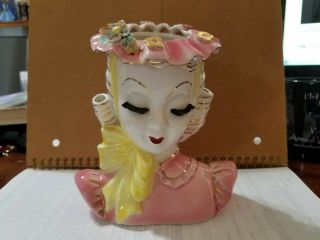 Vintage Lefton " Barbara " Head Vase Rare Flower And Top Pink With Yellow Bow.
