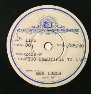Rare 78rpm Mgm Studio Disc - Ziegfeld Girl - 1940 - Outtake - Tony Martin