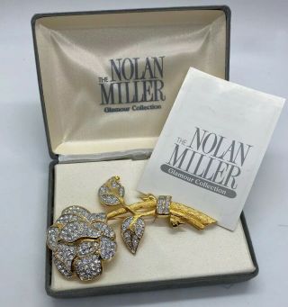 Rare Large Gold Nolan Miller Crystal Rhinestones Clear Rose Brooch W/paper / Box