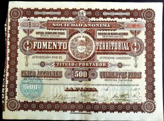 Argentina Fomento Territorial 1887 500 Pesos Share Bond Stock Loan Rare
