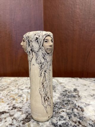 Rare Jude Holdsworth Art Pottery Native American 3 Face Vase 1994